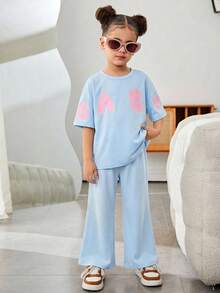 SHEIN Bộ đồ thể thao thường ngày cho mẹ và con gái, gồm áo thun tay rớt và quần dài, thích hợp cho mùa hè, thích hợp cho đi bộ/thể thao/đi học và mặc thường ngày, tuyệt vời cho mặc thường nhật và đi học vào mùa xuân và mùa thu, thích hợp cho mẹ và con gái, chị em gái và tôi. - Màu xanh lam - Xem 7