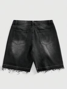 ROMWE MEN Street Life Quần short denim nam casual phong cách đường phố, thích hợp mặc hàng ngày đi làm, in chữ "ngọn lửa" và đính đá, kiểu dáng wash, mùa hè. - màu đen - Xem 2