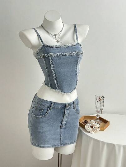 Elamini 女士毛边吊带上衣和迷你裙牛仔套装