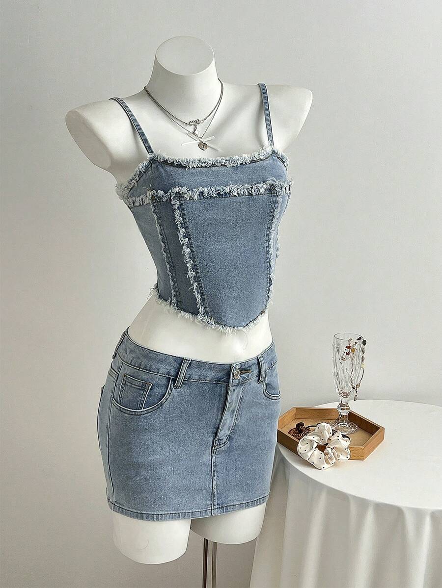 Elamini 女士毛边吊带上衣和迷你裙牛仔套装 - 淺色水洗藍 - 查看 1