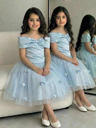 SHEIN Tween Girl Fashionable Elegant Light Blue Baby Blue Bow Deco Off Shoulder Blouse & 3D Flower Deco Mesh Skirt 2 Pieces Set, 3D Flower