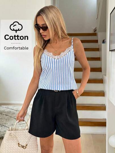 Easowa Women's Blue Striped Lace Patchwork Camisole, Suitable For Romantic Vacation, Casual Vacation, Beach Vacation, Daily Casual Wear. Cotton Fabric. Vacation/Boho/Sexy