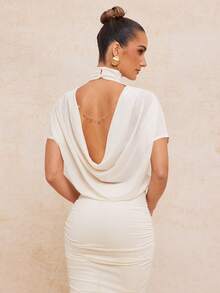 Lumalex 女士纯色露背褶皱修身优雅连衣裙 - 杏色 - 查看 3