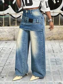 Slaydiva Women's Casual Washed Denim Wide Leg Jeans - Blue - View 3