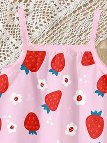 SHEIN Vestido sin mangas con volantes y estampado de flores y fresas, de uso diario cómodo para niñas bebés y pequeñas, de estilo casual, creativo y lindo, para primavera y verano - Multicolor - Ver 4