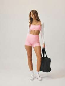 Aralina 休闲格纹印花露脐吊带背心和高腰短裤两件套运动健身套装 - 珊瑚粉 - 查看 7