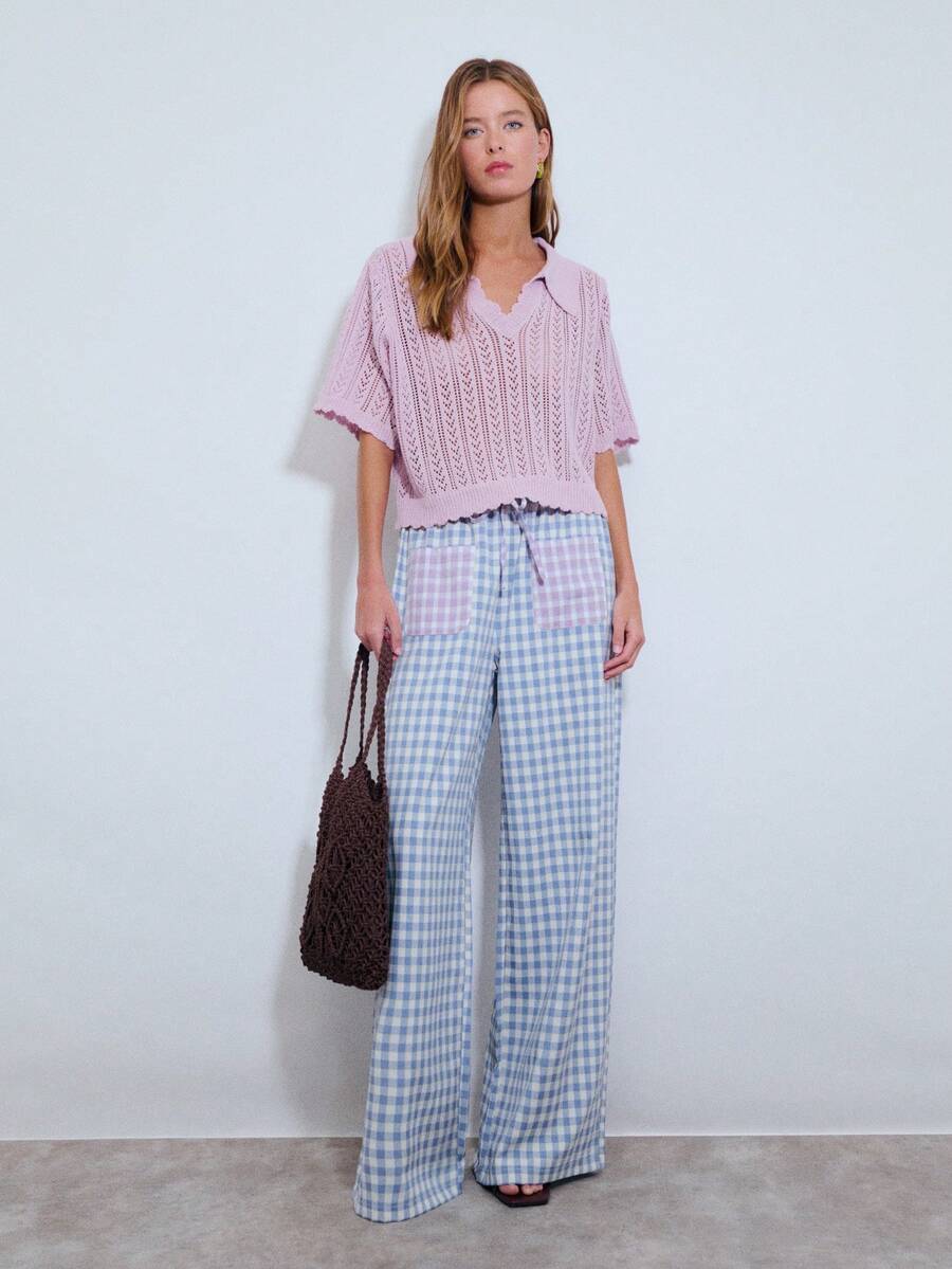 Nöista Wide-Leg Pants With Blue Gingham Print With Contrasting Lavender Checkered Front Pockets. The Elastic Waistband With Drawstring For Adjustable On Waist. Casual, Loungewear, Spring, Summer, Easter; - Blue - View 1