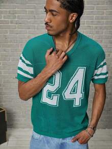 Manfinity Joysei Men's Casual Versatile Numeric Pattern Knit Short Sleeve Top, Suitable For Daily Wear - Green - View 4