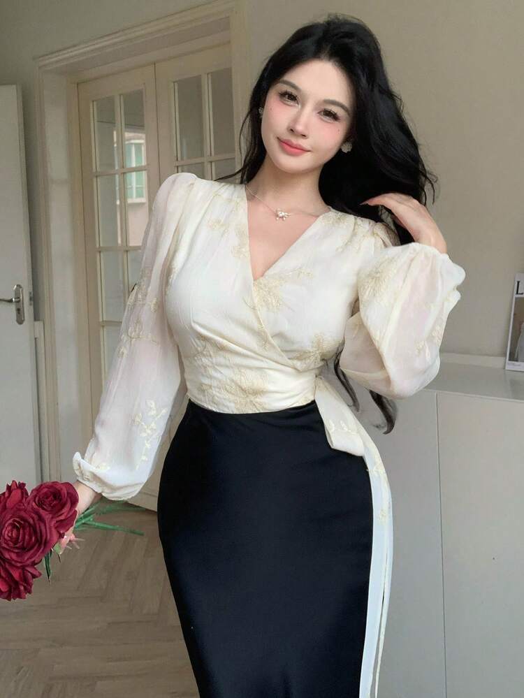 Women's Elegant Commuter Floral Embroidery Tie-Wrap Lantern Sleeve T-Shirt Summer