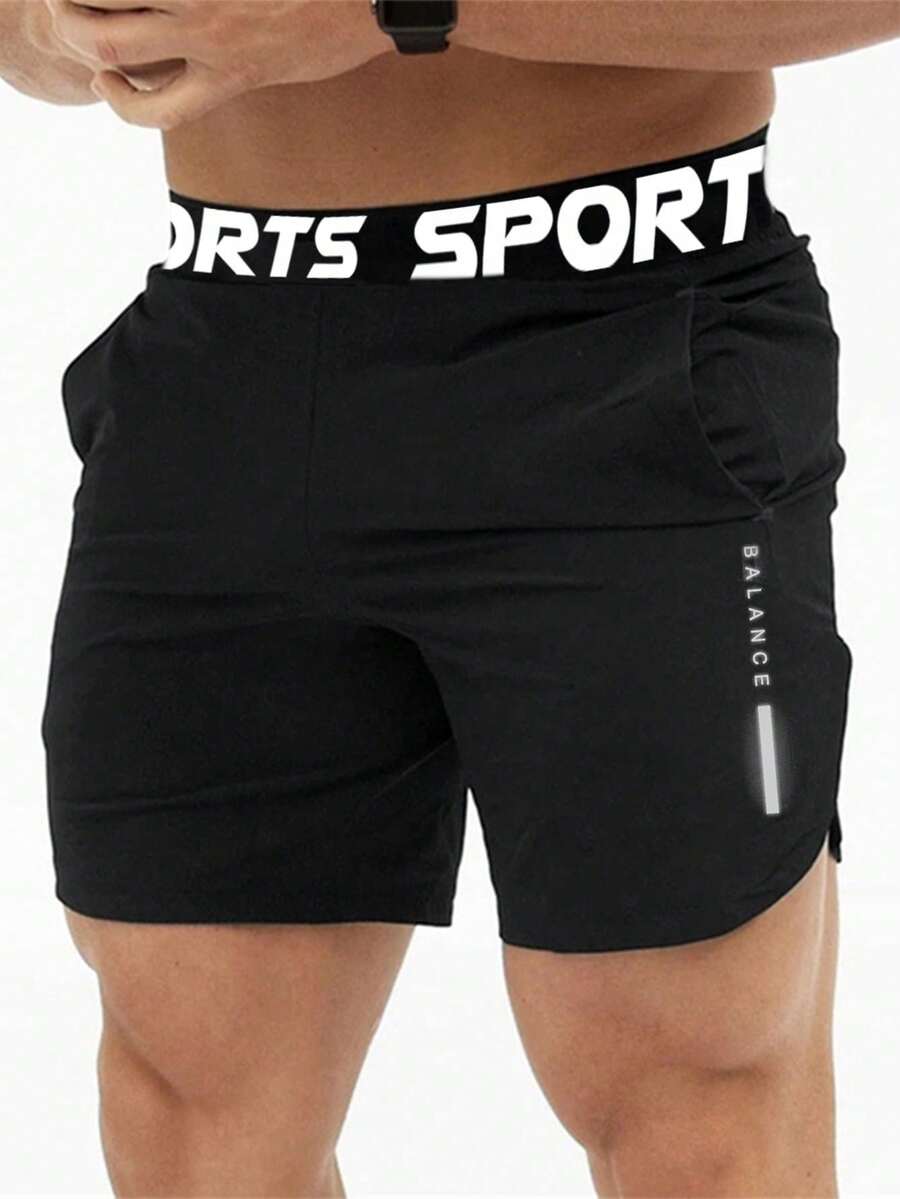 Gym Rark Pantalones cortos casuales de fitness y deportes con bolsillo en la cintura y estampado de letras para hombres - Negro - Ver 1