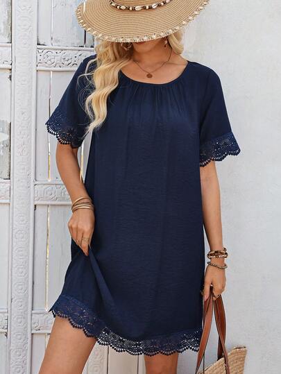 EMERY ROSE Women's Casual Solid Color Lace Trim Short Dress For Vacation Blue Dress Royal Blue Dress Summer Dress Summer Outfits For Women Summer Dresses For Women Going Out Outfits Vacation Outfits Women Summer Holiday Outfits Holiday Outfits Casual Dresses For Women