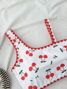 SHEIN 少女三件套泳衣，樱桃印花比基尼配沙滩裙 - 紅白色 - 查看 4