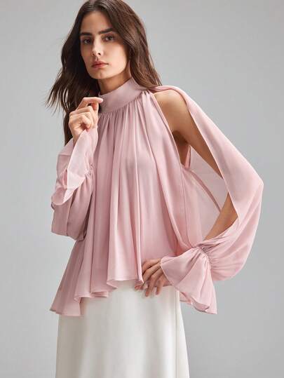 Ontre 2026 New Early Spring Pink Off-Shoulder Wrinkle-Resistant Chiffon Blouse With Bow Tie Back, Suitable For Modern Urban Parties, Back To School Season, Weddings, Casual Minimalist Fashion, Bohemian Style, Vacation, Festivals, Spring