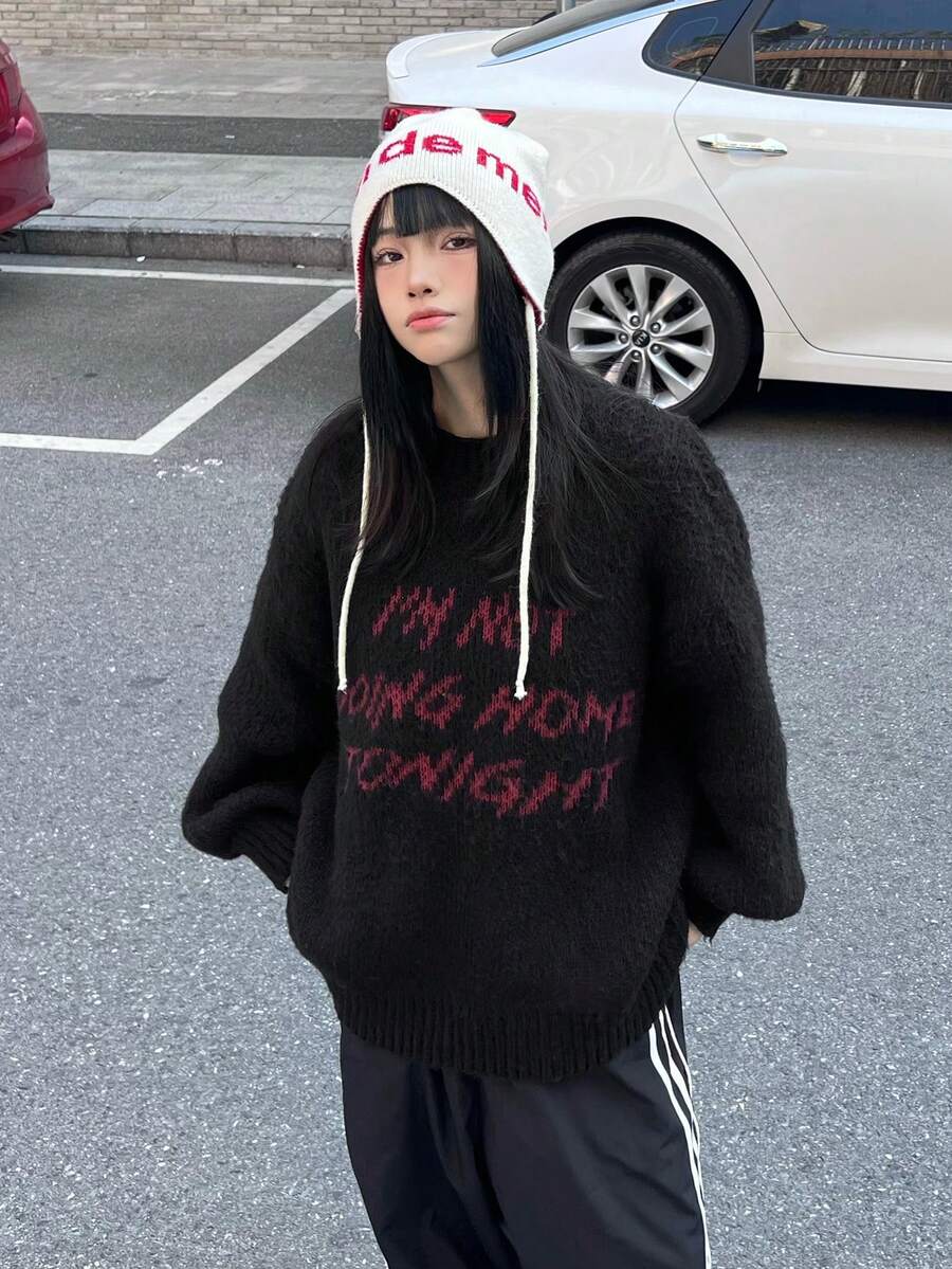 DAZY 女款圓領撞色字母休閒毛衣,秋季女裝校園風 - 黑色 - 查看 1