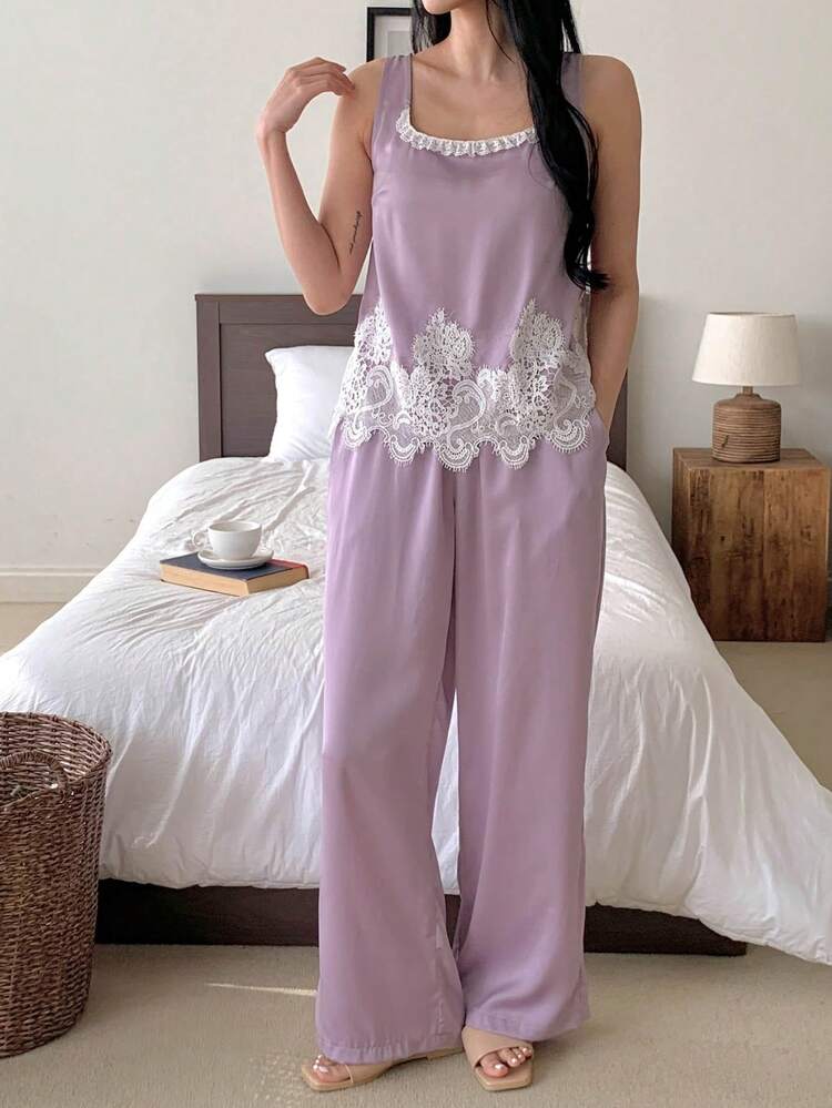 Women's Elegant Contrast Color Lace Patchwork Satin Camisole And Long Pants Pajama Set, Summer