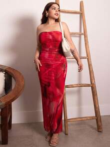 Lupita Cardoza 女士扎染无肩带侧开衩连衣裙，新年服装，长款女装派对装扮 - 紅色 - 查看 4
