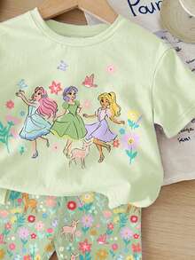 SHEIN LMoss Kids 薄荷绿，春意盎然，甜美可爱公主风，波西米亚风印花，花卉图案，少女休闲宽松圆领短袖T恤搭配修身骑行短裤，适合春夏日常、居家、度假、节日等场合，充满春日气息，夏日氛围，轻松舒适的春夏穿搭，时尚小女孩套装，休闲装，公主风，花卉图案T恤套装，春夏套装，新款，清凉舒适，春日氛围，清凉夏日 - 彩色 - 查看 6