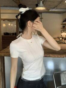 DAZY 韩版女式波点网纱系带二合一短袖T恤，春夏百搭 - 白色 - 查看 7