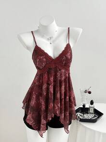 Elamini Vintage Perris Floral Sequin Asymmetric Hem Camisole Patchwork Lace Trim Women Tank Top, Spring/Summer - Red - View 3
