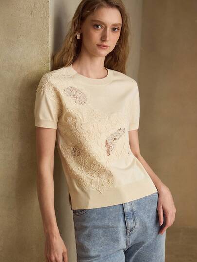 MOTF PREMIUM WOMEN'S CONTRAST LACE SHORT SLEEVE KNIT TOP