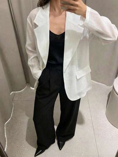 Ontre 2026 Spring/Summer Women's Lapel NeckLong Sleeve Single-Button Thin Blazer Jacket, Woven Fabric, Suitable For Valentine's Day, Wedding Season, Office Wear, Holiday Outfit