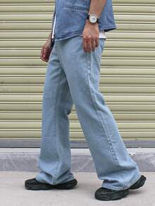 RivetRise 男士提花直筒喇叭牛仔裤 - 淺色水洗藍 - 查看 1