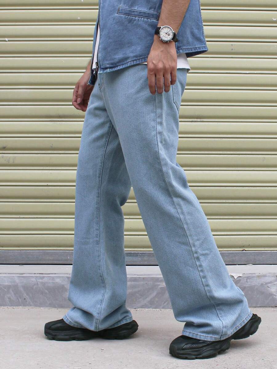 RivetRise 男士提花直筒喇叭牛仔裤 - 淺色水洗藍 - 查看 1