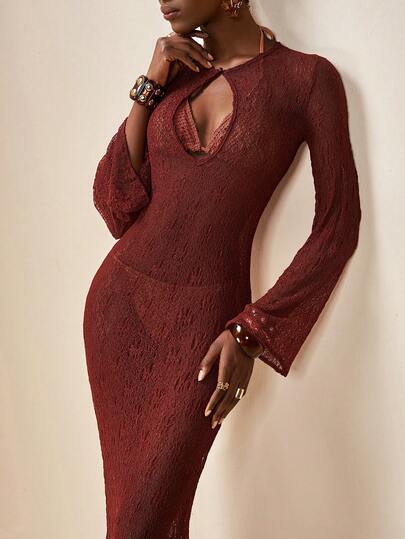 Zivah 2026 Vestido de playa de punto jacquard transparente para vacaciones casuales de mujer, color rojo-marrón