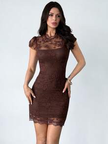 Firerie Women's Elegant Romantic Date Vacation Beach Outdoor Music Festival Party Dress, Brown Lace Bodycon Mini Dress - Brown - View 6