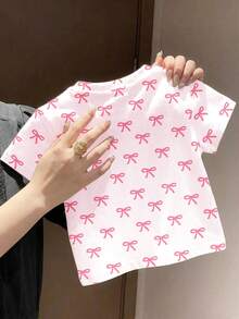 SHEIN 可爱芭蕾舞者迷你蝴蝶结印花，优雅粉色蝴蝶结图案，时尚休闲简约圆领短袖T恤，适合夏季穿着，可爱夏日风，夏季单品，夏季外出必备，韩版风格，返校季，轻松舒适又时尚，春夏休闲装，婴儿及印花上衣，夏季新款，春夏时尚 - 彩色 - 查看 3