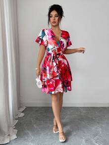 Elenzga White Floral Summer Boho Holiday Vacation Holiday V-Neck Ruffle Flare Sleeve Criss-Cross Bow Tie Multi-Layer Cake Skirt A-Line Puff Mini Dress - Multicolor - View 4