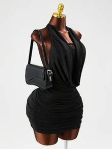 Lureya Vestido mini de mujer de encaje y punto sin mangas, diseño con fruncido delantero sin tirantes, adecuado para salidas diarias, reuniones, fiestas, bailes seductores, galas, eventos de alfombra roja, primavera/verano/otoño - Negro - Ver 6