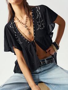 Bohemela Women's Summer Casual Outings, Romantic And Elegant Beachwear, Bohemian West Music Festival Woven Chiffon Ruffled Cover-Up With Rivet Embellishments,Summer Top, Summer For Women, Free And Relaxed Style , Fasching Women Costume, Beach, Summer Vacations - Black - View 4