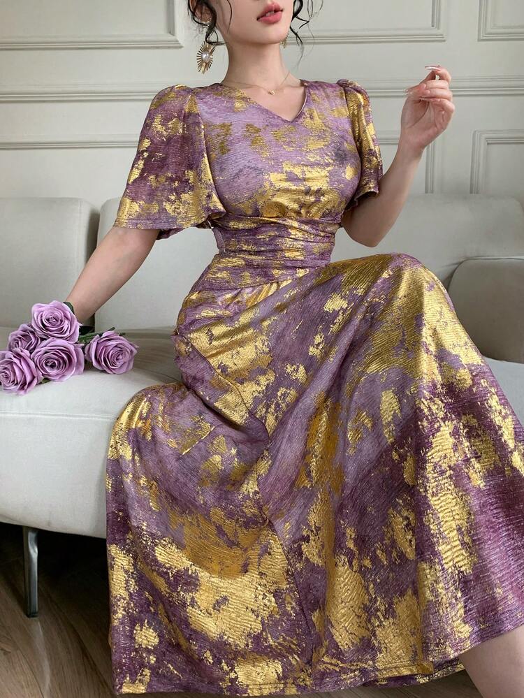 Vintage Purple & Gold Jacquard V-Neck Cinched Waist Long Dress For Women