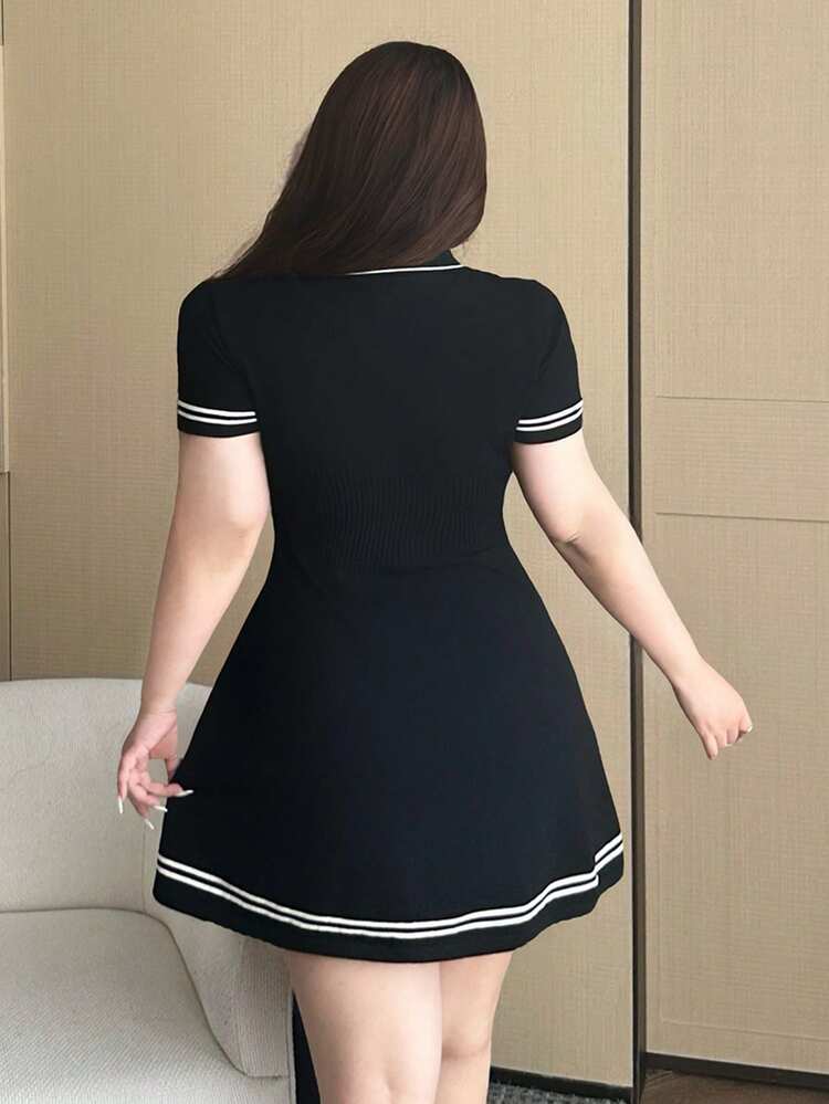 Color Block Splice Bodycon Preppy Style Polo Collar Short Sleeve Mini Sweater Dress, Spring/Summer