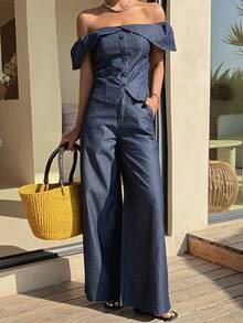 DAZY Bộ đồ denim nữ gồm áo sơ mi trễ vai và quần jeans ống đứng dáng rộng, thích hợp cho phong cách thường ngày. - Rửa tối - Xem 3