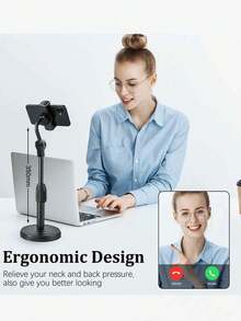 手机支架，可倾斜手机支架，高度和角度可调节，适用于办公室、休闲、商务、家庭等场合，灵活通用支架，兼容3.5-6.7英寸设备 - 黑色 - 查看 2