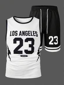 Manfinity Campus Court Men's Letter Print Round Neck Tank Top And Drawstring Waist Shorts Casual Suit - Multicolor - View 4