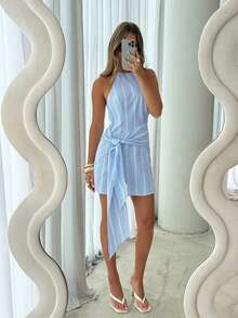 Siren Gaze Women's Striped Tie-Waist Casual Halter Mini Dress Elegant Sleeveless Halter Neck Frill Trim Striped Vacation Dress, Spring/Summer Ocean Style Dress, Tied Waist Women Mini Dress, Boho Inspired Women Skirt, Easter Women Fashion, Blue & White Striped Ruffle Hem Sleeveless Round Neck Women Mini Dress Vacay Outfits Women Women Summer Clothes Teacher Outfits For Women Blue And White Striped Dress Summer Dress Casual Summer Dress Ruffle Hem Dress Sleeveless Summer Dress Women Outfits Teacher Outfits Boho Striped Halter Neck Ruffled Hem Mini Dress Cute Sundress - Multicolor - View 2