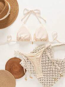 Swim Vcay 春假纯色纹理比基尼泳装 - 杏色 - 查看 2