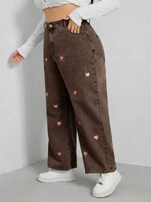SHEIN EZwear 加码爱心刺绣阔腿牛仔裤 阔腿牛仔裤 女童阔腿牛仔裤 女士阔腿牛仔裤 - 棕色 - 查看 5