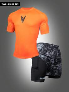 GymBeat Herren Kurzarm T-Shirt und Shorts Lässig Sportanzug - Orange - Übersicht 4