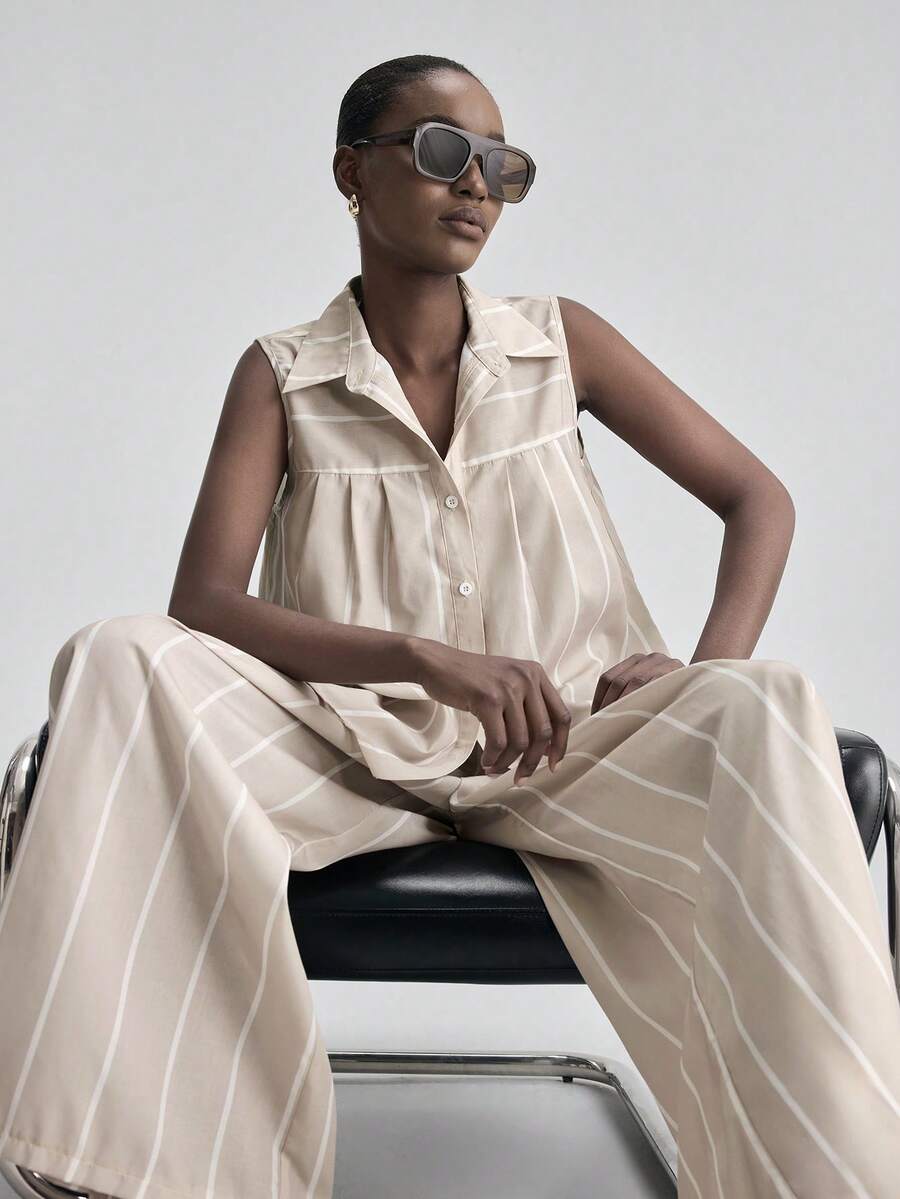 Ontre Women's Striped Single-Breasted Vest Shirt And Pants Casual 2 Pieces Set Women S Summer Co Ord New In Women Clothing - Apricot - View 1