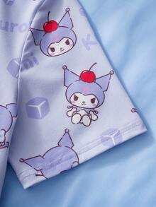 HELLO KITTY AND FRIENDS | SHEIN Conjunto de pijama con top de manga corta y pantalones cortos con estampado de dibujos animados para niña preadolescente - Púrpura malva - Ver 6