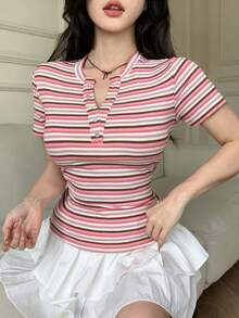 DAZY 女士休闲条纹圆领衬衫，夏季 - 粉色 - 查看 1