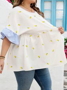 SHEIN CURVE+ Curve 尺码 US22 音乐节、海滨度假、波西米亚风女士休闲度假条纹V领拼接柠檬印花A-List Doll衬衫 - 彩色 - 查看 7