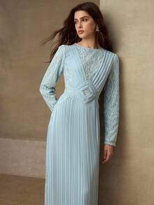MOTF PREMIUM Đầm chiffon ren tương phản màu xanh dương, xếp ly, phối ren, dành cho nữ, mùa xuân/hè, kiểu dáng thanh lịch, ôm sát. - Màu xanh nước - Xem 10