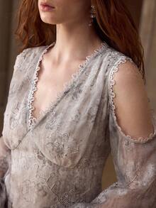 MOTF PREMIUM WOMEN'S TIE-DYE FLORAL EMBROIDERY V-NECK COLD SHOULDER LANTERN SLEEVE SHORT DRESS - Grey - View 2