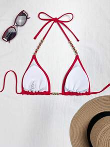 Swim Basics Áo bikini nữ gợi cảm buộc dây cổ, điểm nhấn hạt vàng, hàng mới về mùa hè. - Đỏ - Xem 2