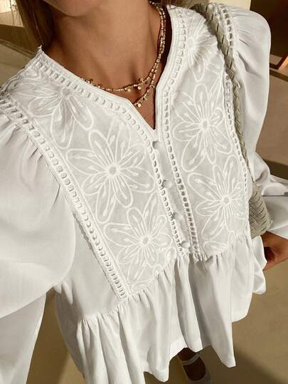 DAZY Blusa holgada casual para mujer con mangas farol, bordado y patchwork, para verano, vacaciones y escuela
